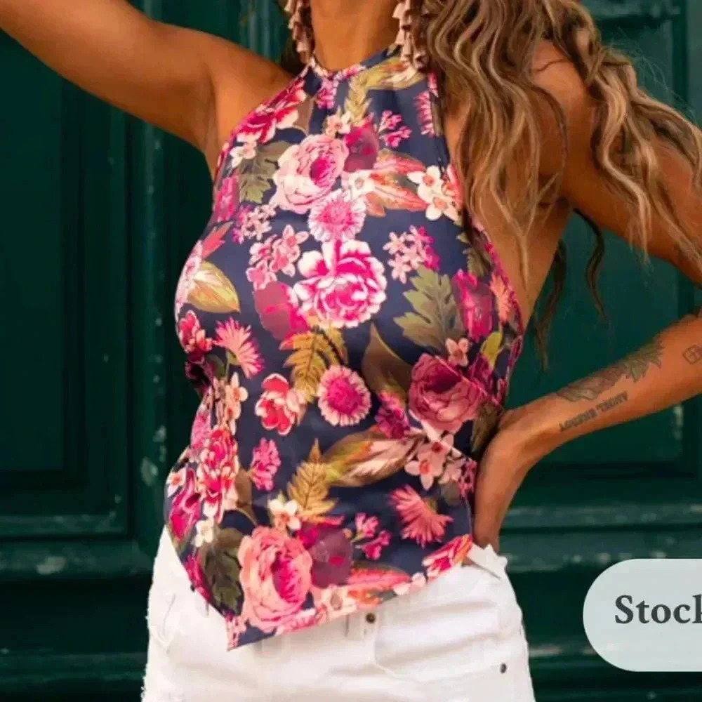 NWT Joyfolie Enid tie back halter handkerchief top Floral Midnight Blue S
